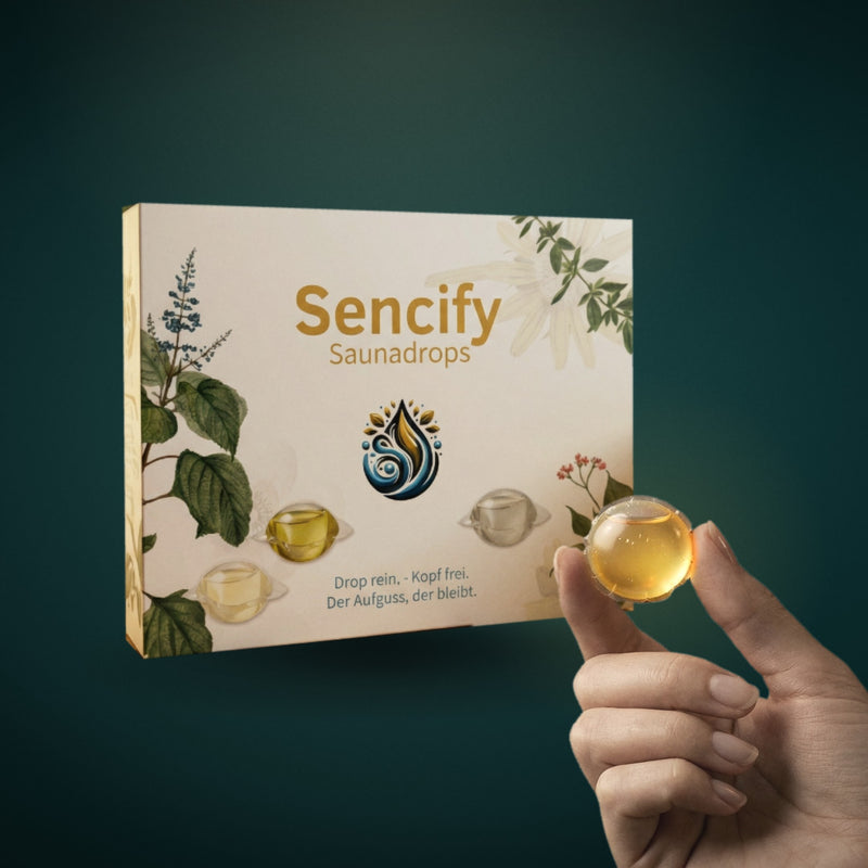 Sencify Saunadrops: Schachtel mit 12 vordosierten Saunaaufguss-Drops, ein Drop zwischen zwei Fingern