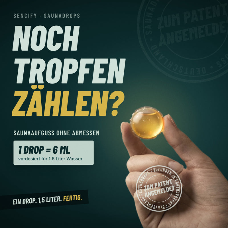 Saunaaufguss ohne Abmessen: 1 Saunadrop enthält 6 ml ätherisches Öl für 1,5 Liter Wasser